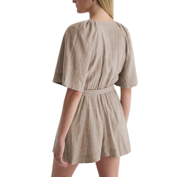 Express Neutral Linen-Blend Striped Button Up Tie Waist Romper - Picture 3 of 6